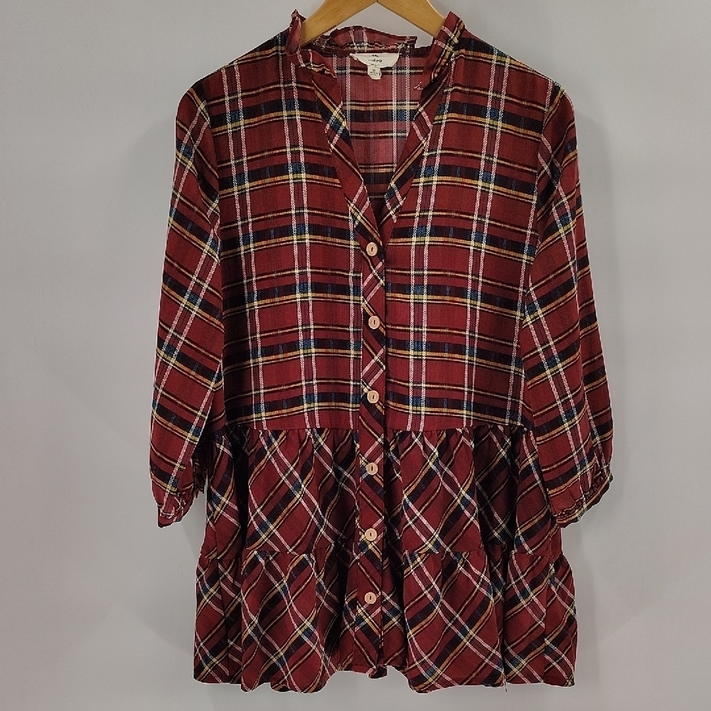 Entro Rust Red Plaid Button Down Mini Dress Size Medium Quarter Sleeve